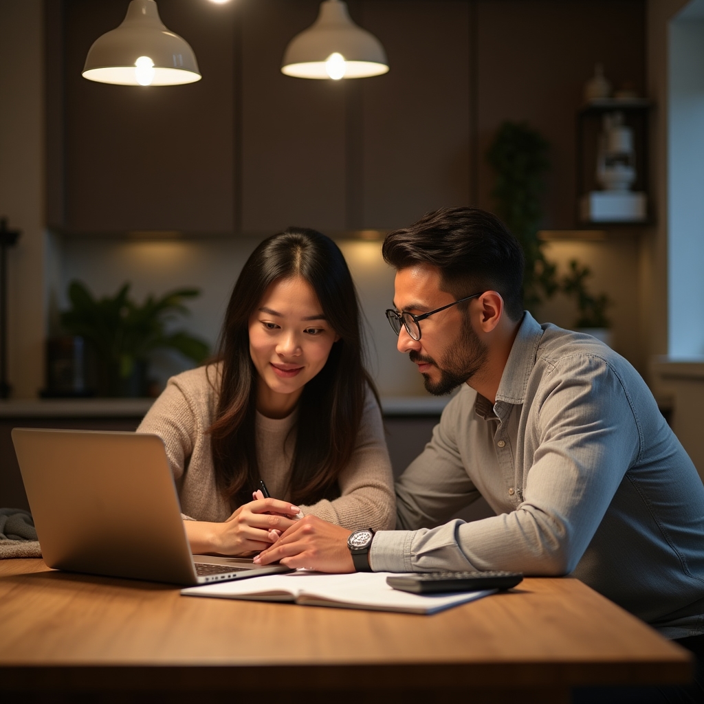 Coppia che pianifica le finanze familiari con un laptop